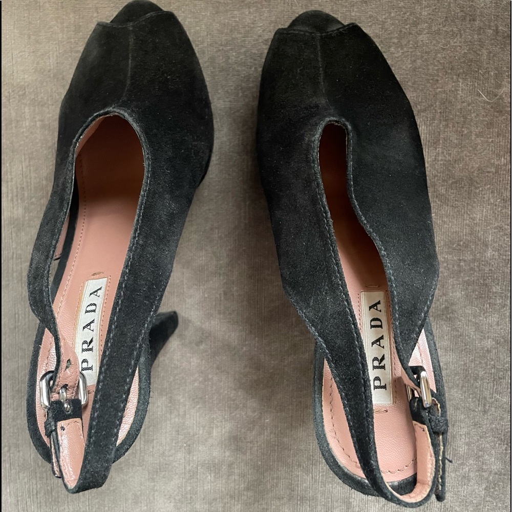 Prada black suede slingback sandals; block heels w/platform; buckle closure - Picture 4 of 7